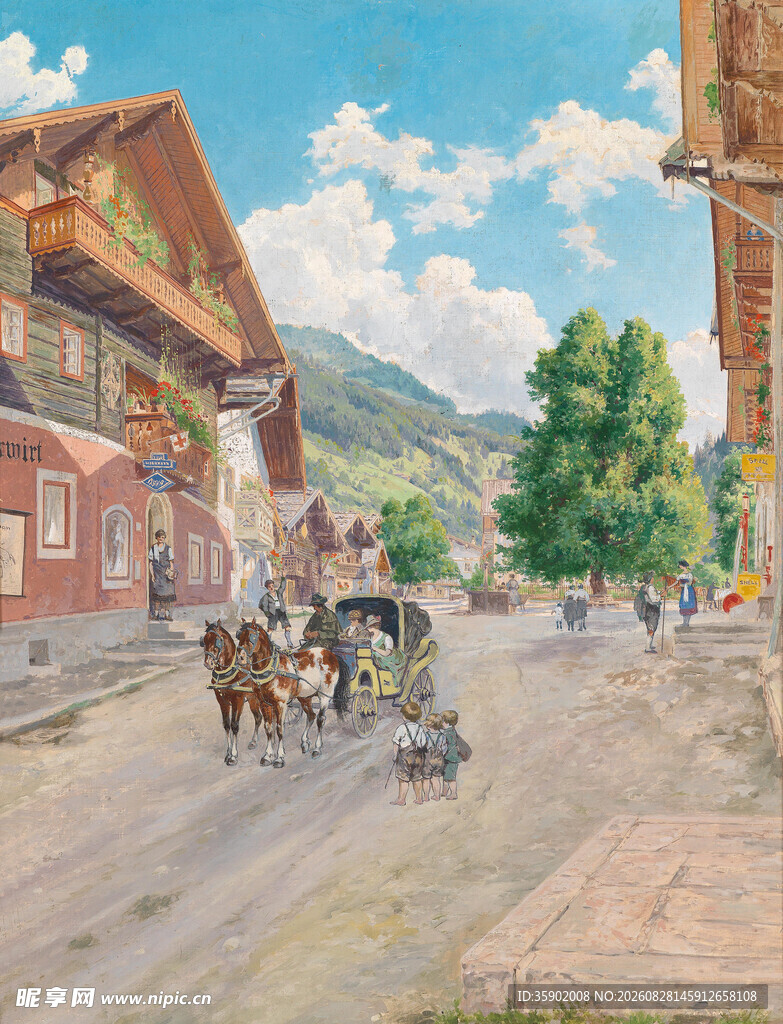 小镇街道马车风景图