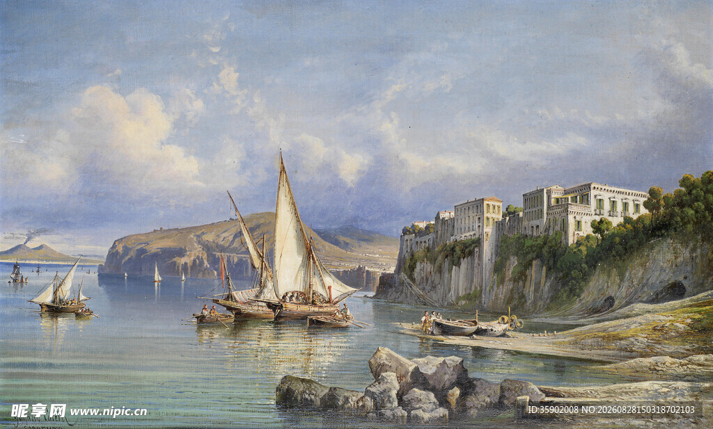 海滨帆船风景油画
