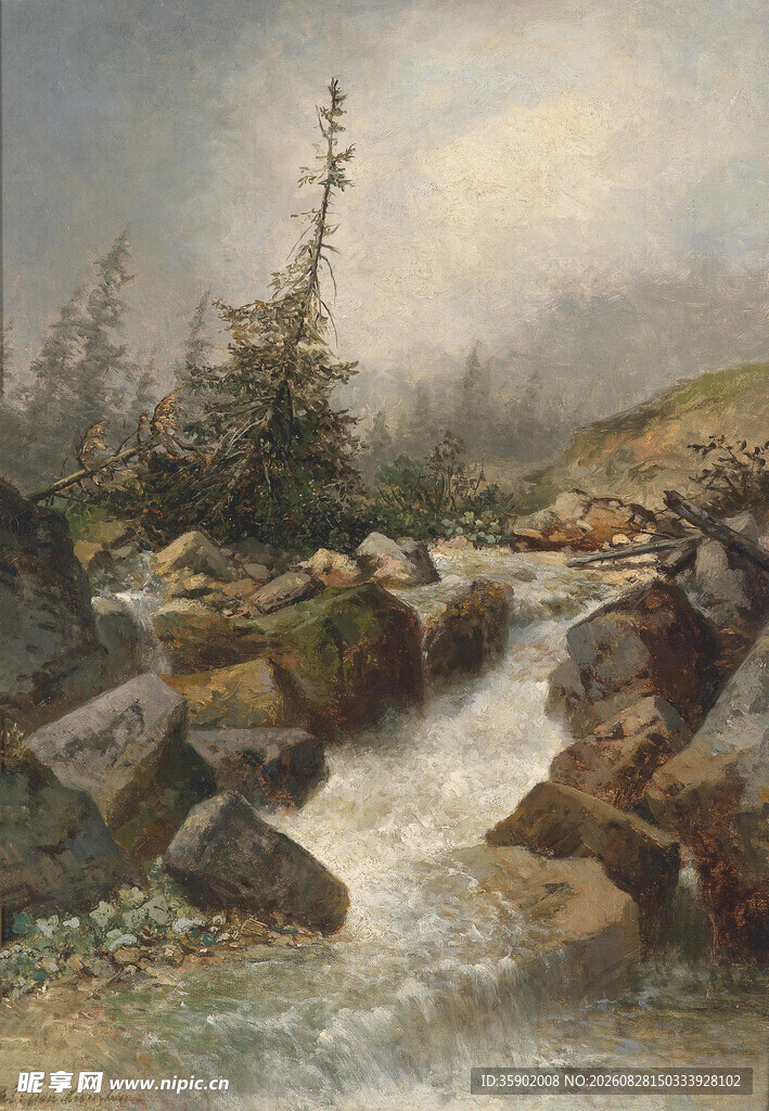 山间溪流风景油画