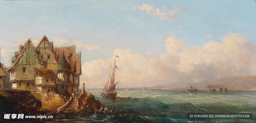 海边古朴城堡与船只风景
