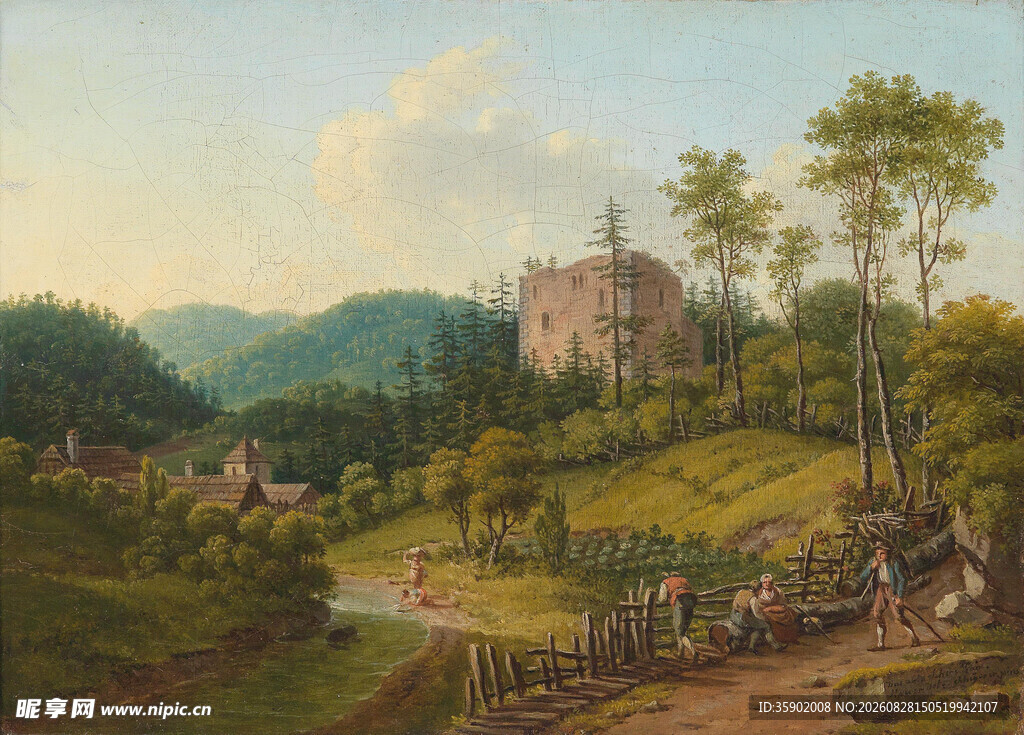 田园古堡风景油画