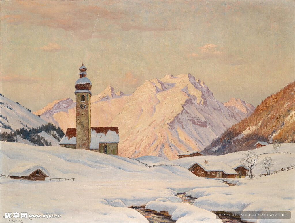 雪山下的灯塔风景