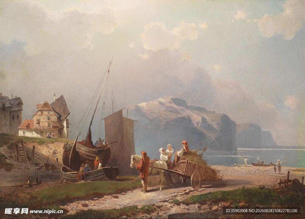 海边村落风景油画