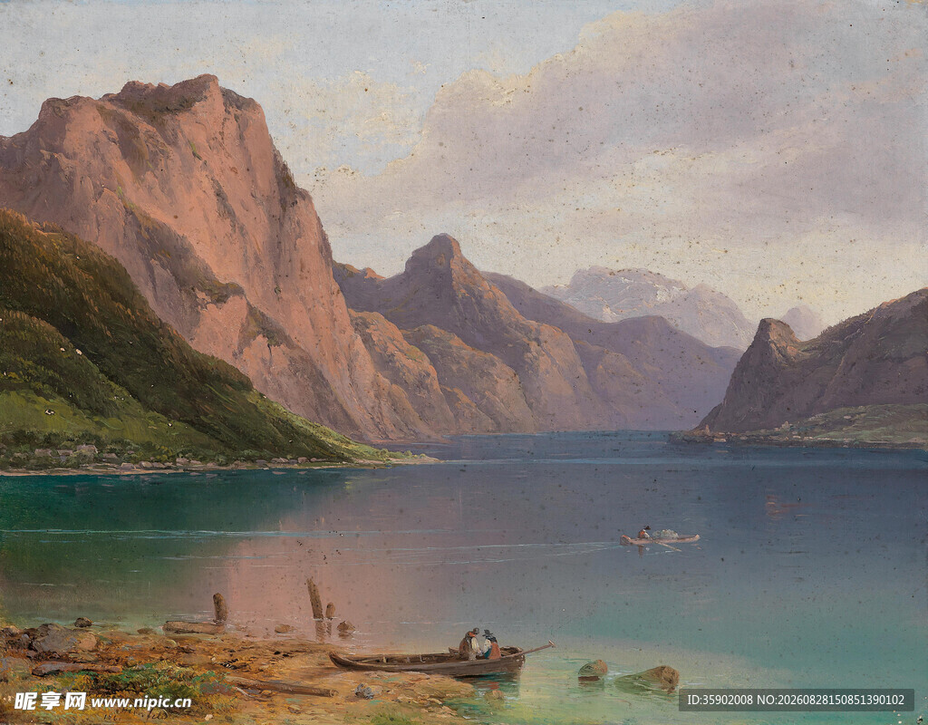 湖畔山景油画风光
