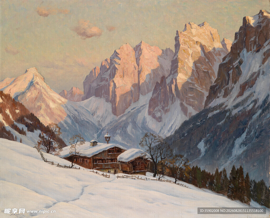 雪山下的山间小屋美景