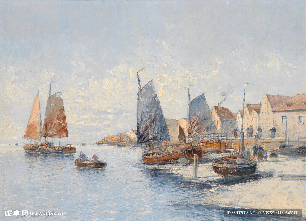 海港帆船风景油画