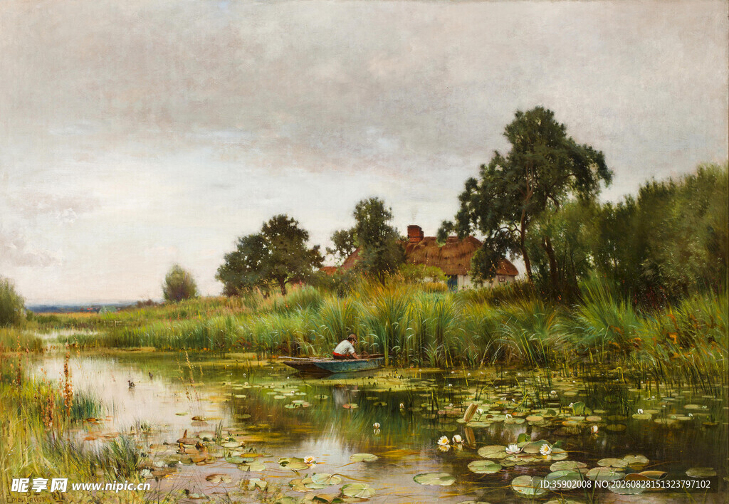 乡村河畔风景油画