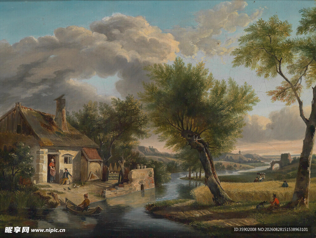 乡村河畔风景油画