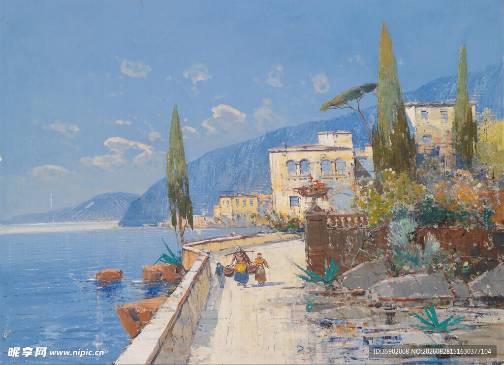 海边小镇风景油画