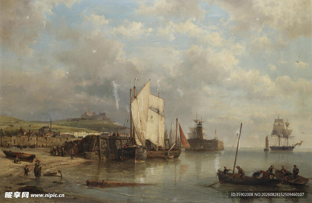 海港风景油画中的船只景象