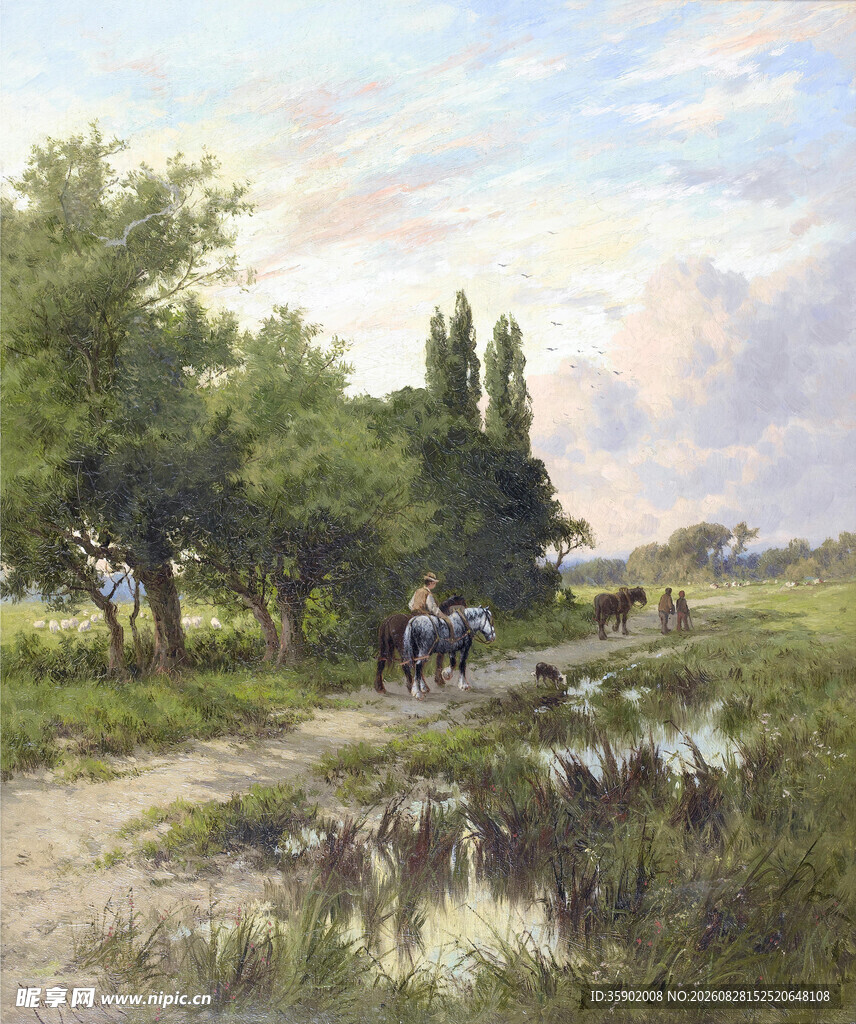 乡村小径上的行人与风景