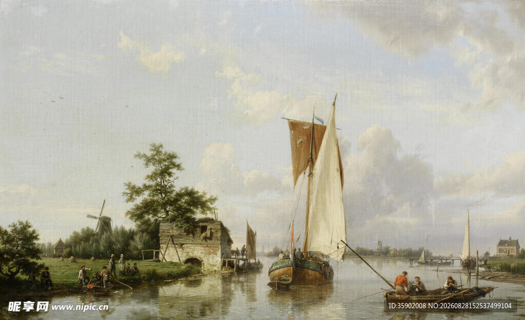 河畔帆船风景油画