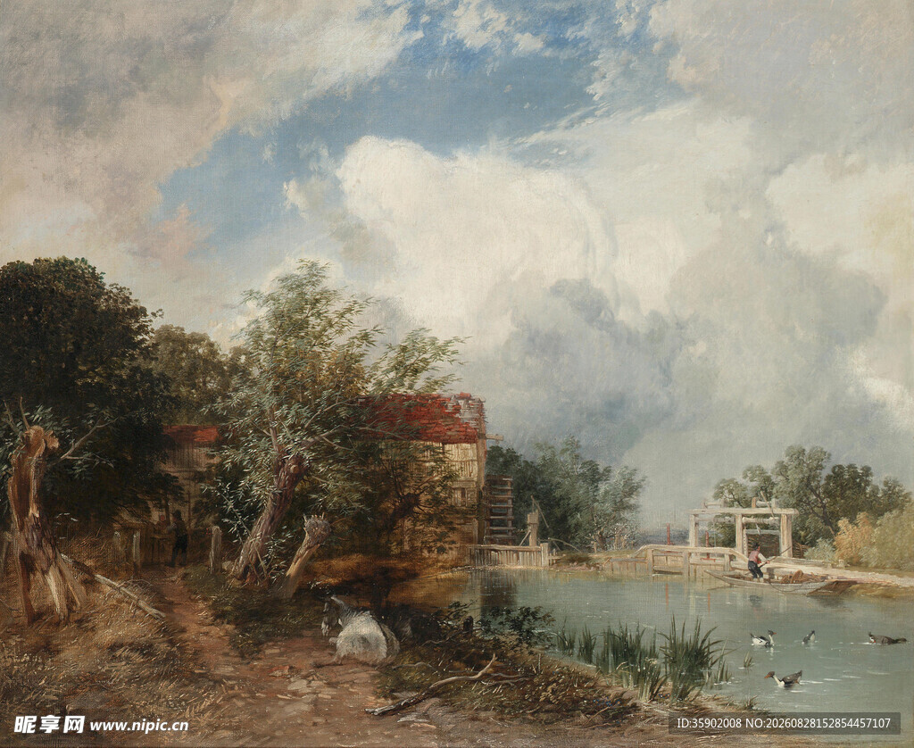 河畔风景油画