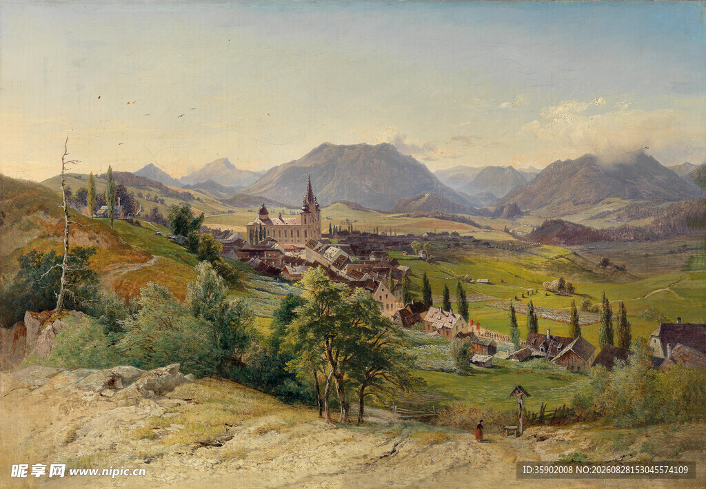 山间村落油画风景