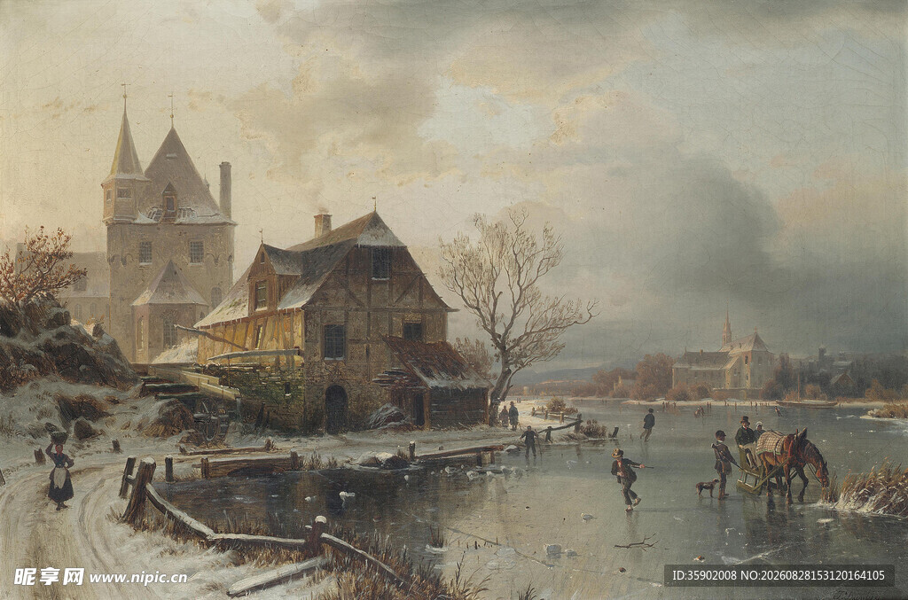 冬日河畔的热闹生活场景