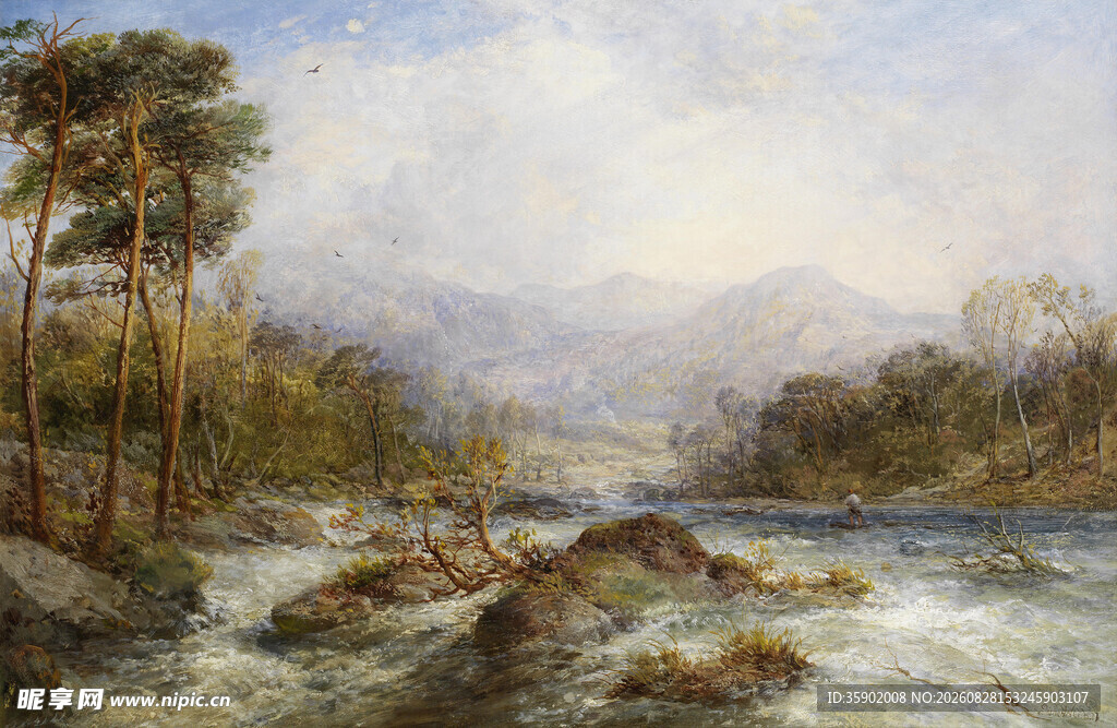 河畔山林风景油画
