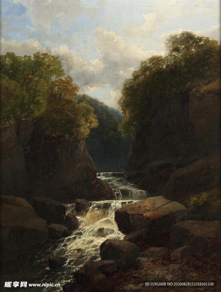 山间溪流风景油画