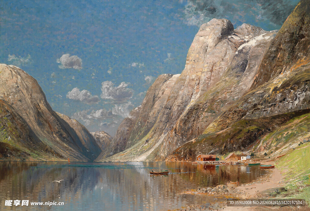 山间湖泊风景油画