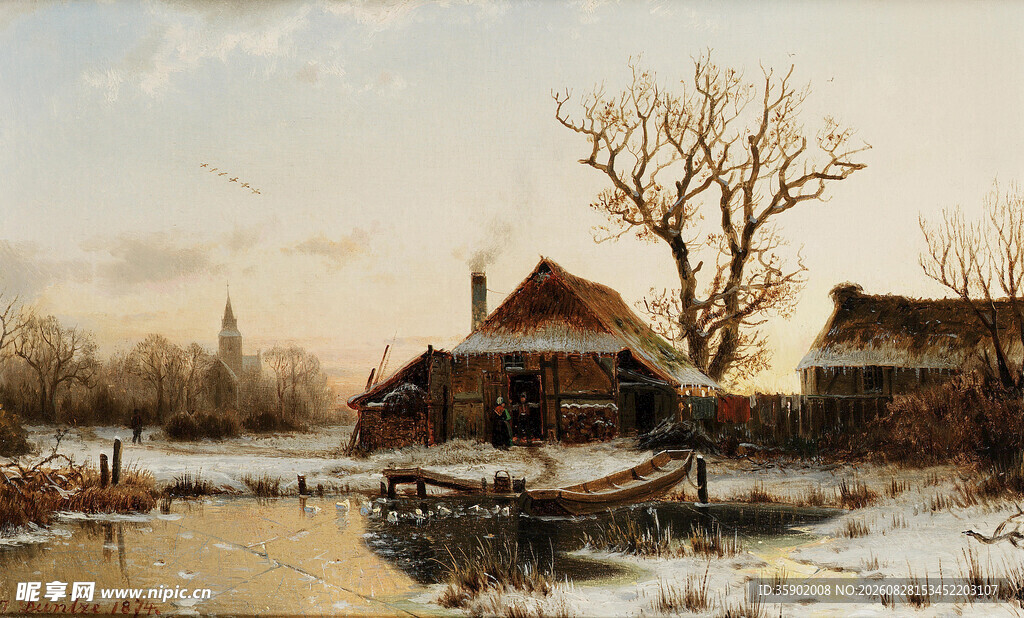 冬日乡村雪景宁静画面