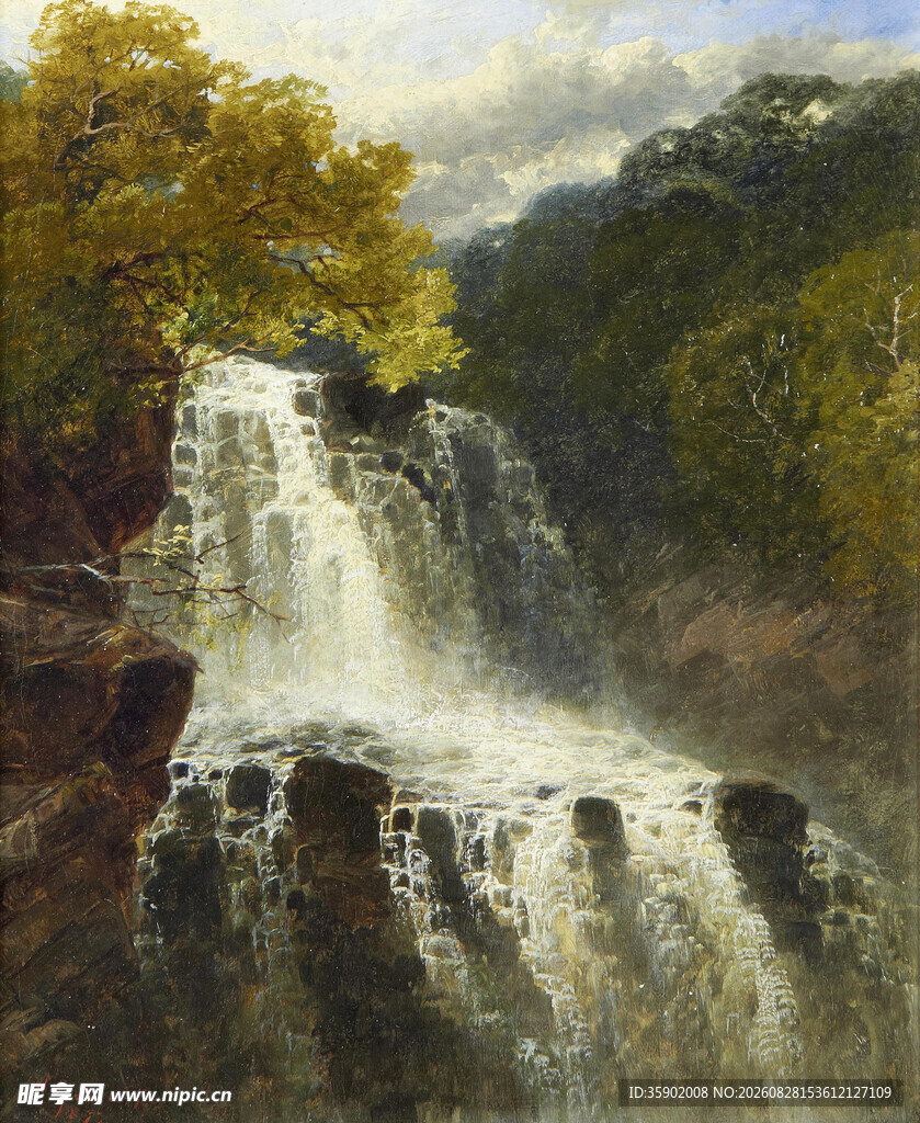 山间瀑布风景油画