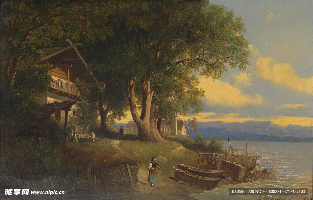 湖畔小屋黄昏美景