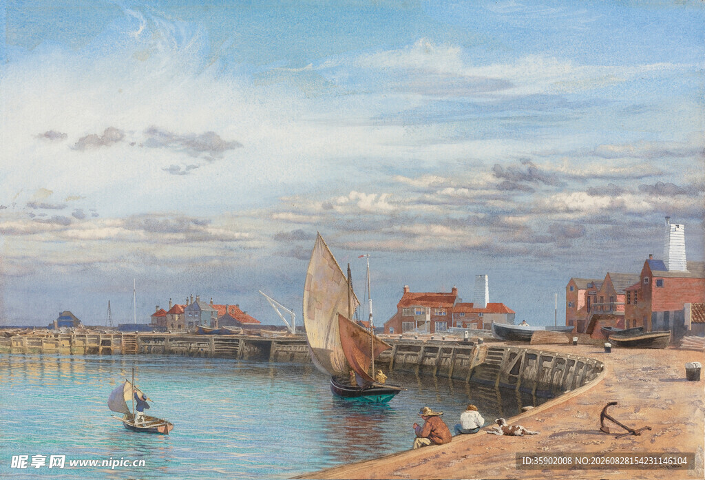 海港风景油画船只与建筑