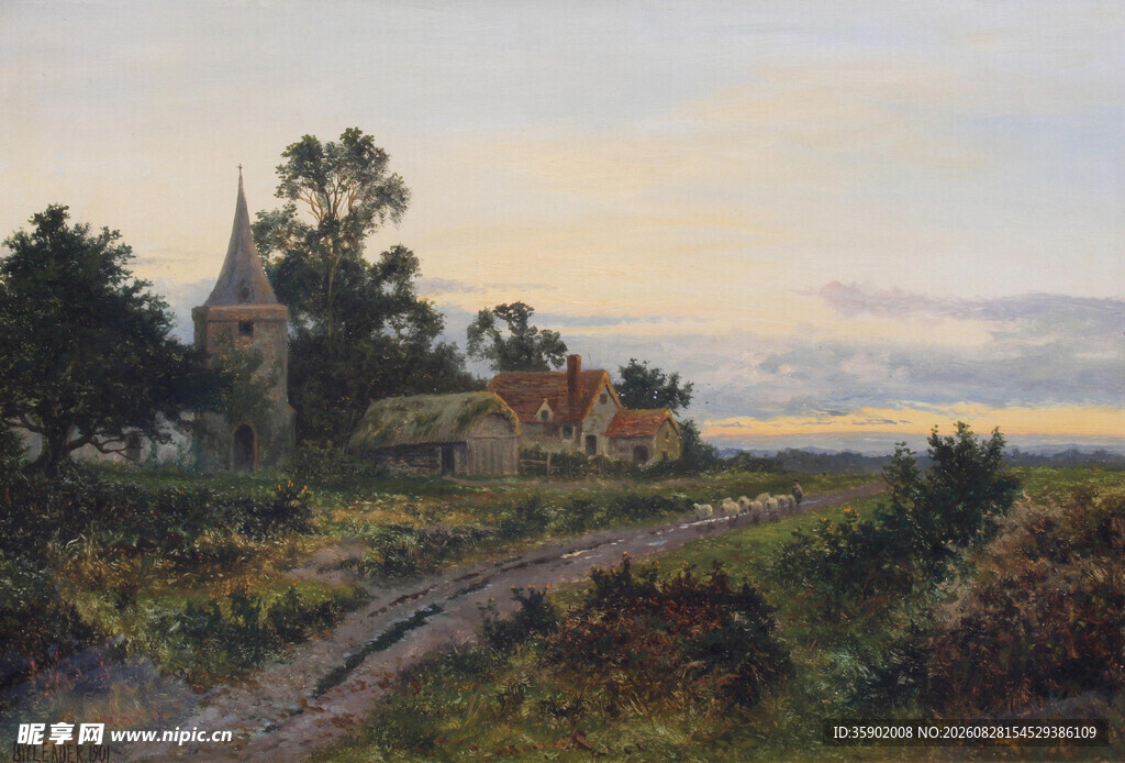 乡村黄昏小路风景油画