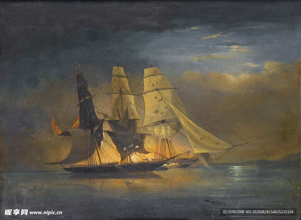海上帆船油画场景
