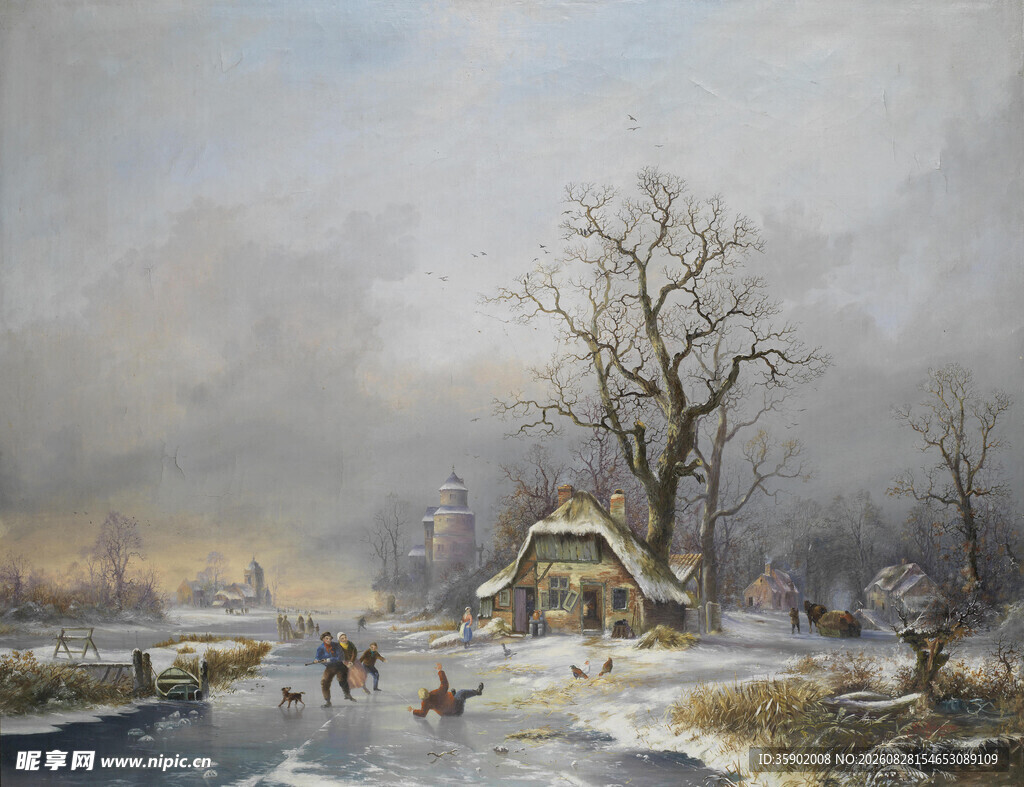 冬日雪景中的乡村生活场景