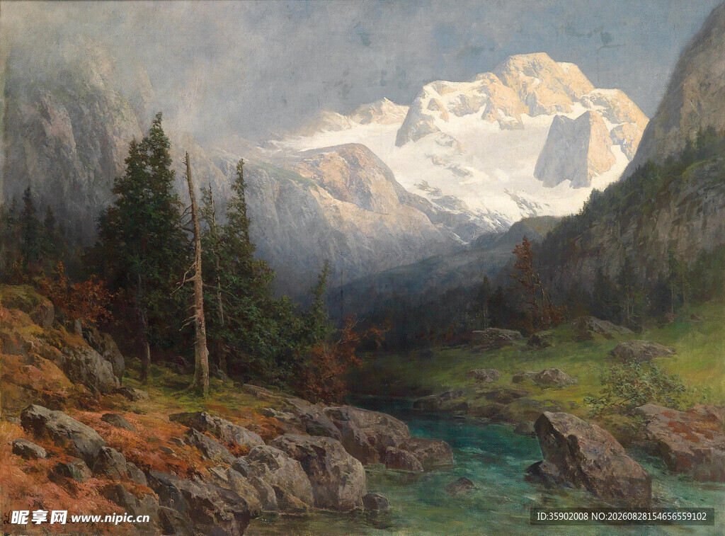 山间溪流旁的壮丽雪山景色