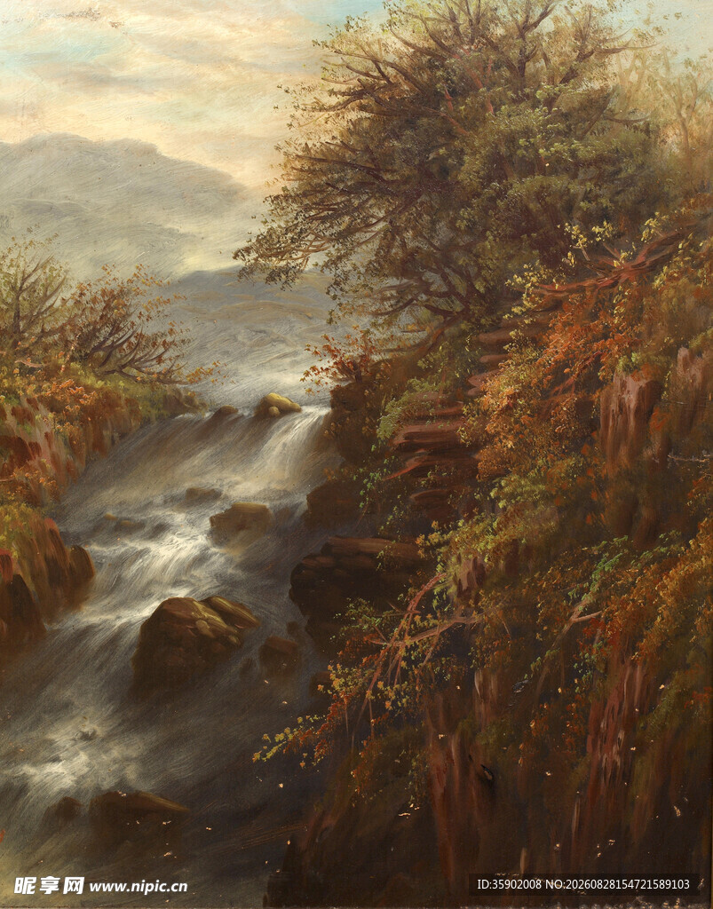 溪边秋景油画