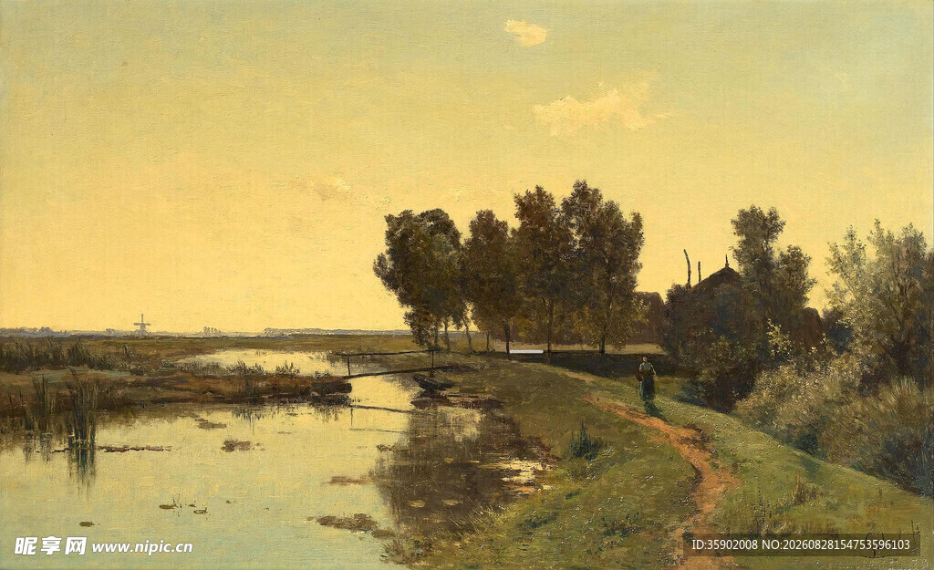 河畔黄昏风景油画