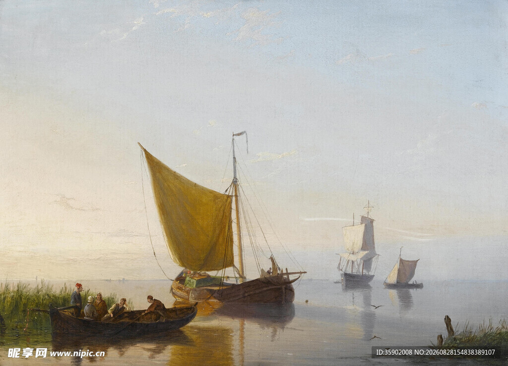 河畔帆船风景油画
