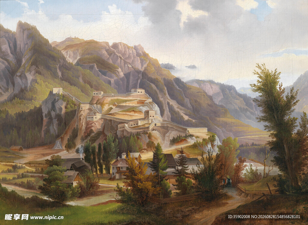 山间村落风景油画