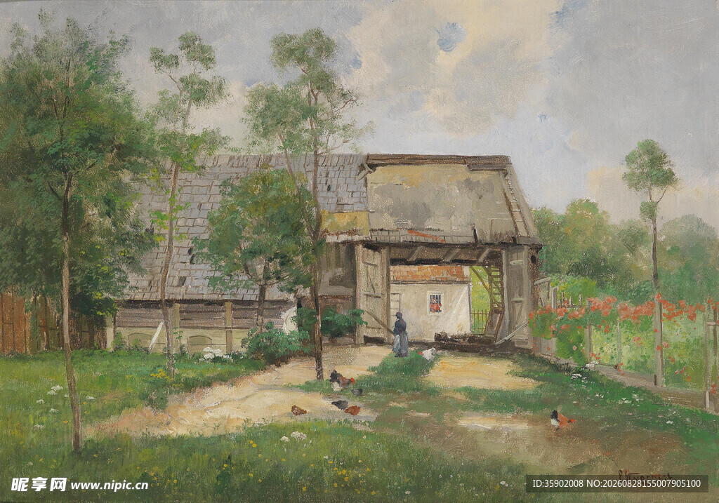 乡村田园小屋风景油画