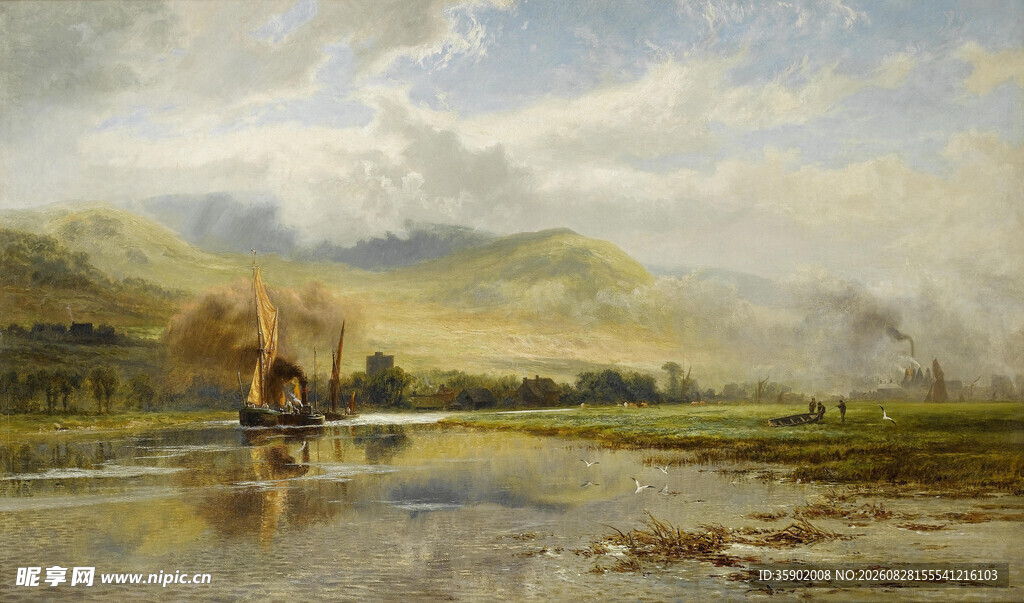 河畔风景油画