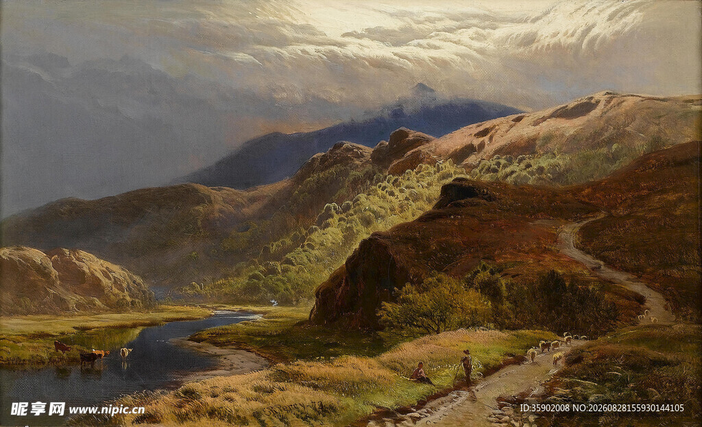 山间湖畔风景油画