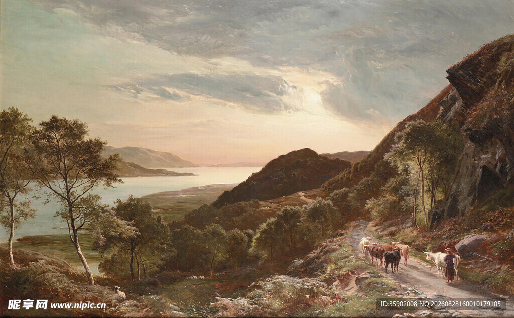 湖畔山间风景油画