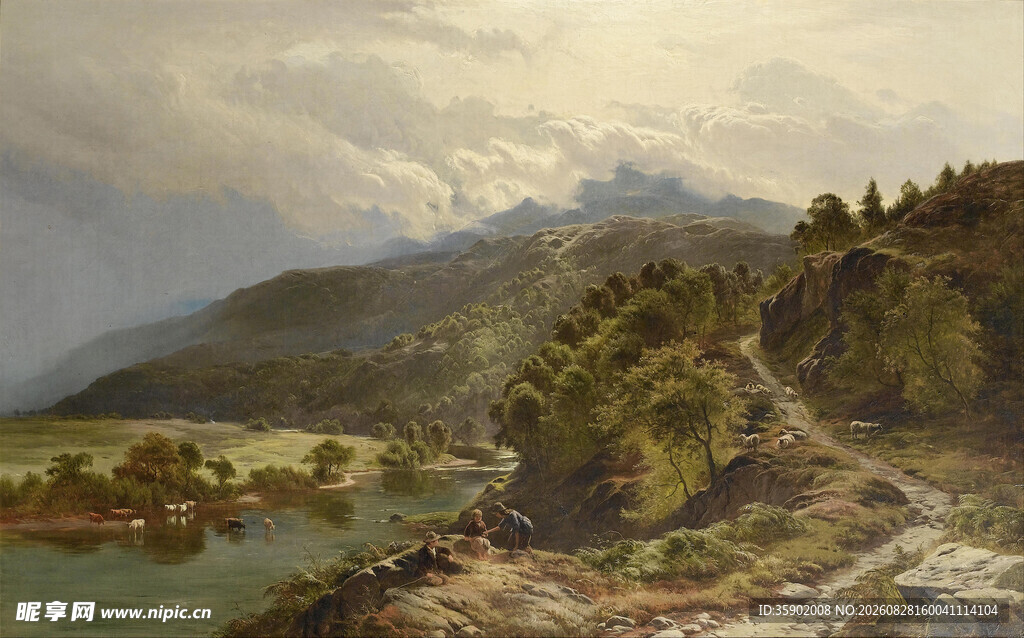 山间河畔风景油画