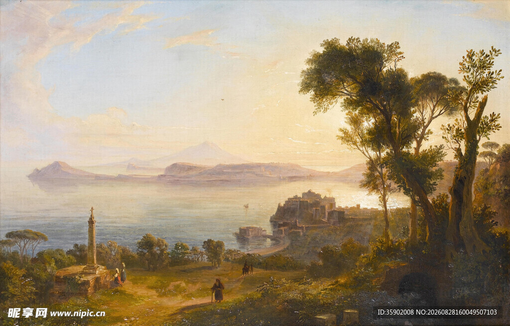 海边黄昏风景油画