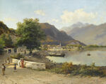 湖畔乡村风景油画