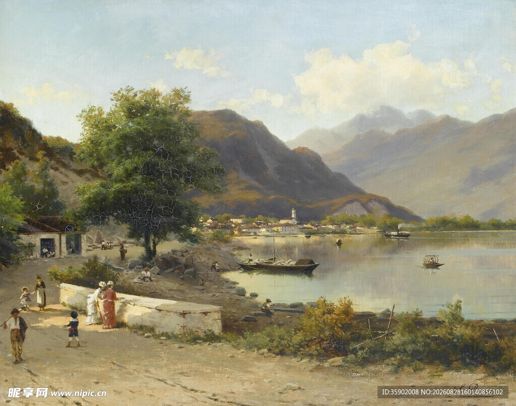 湖畔乡村风景油画
