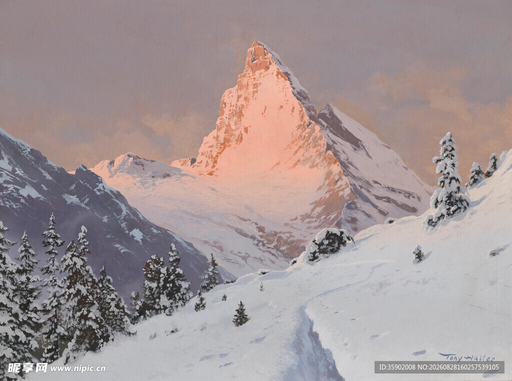雪山壮丽景观雪径通峰