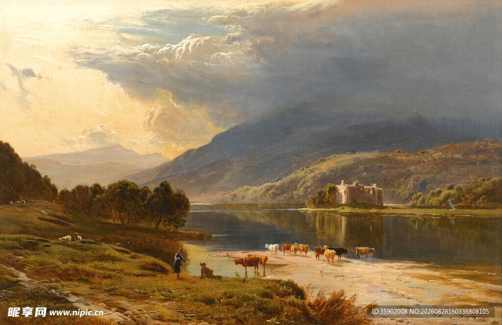 湖畔风景油画