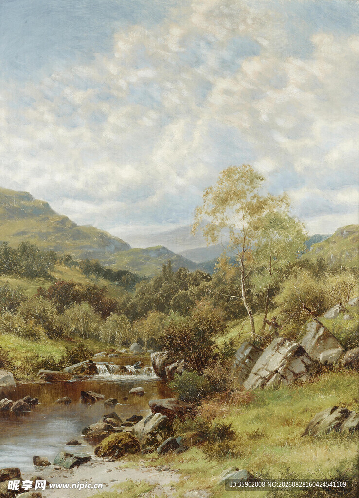 山间溪流风景油画