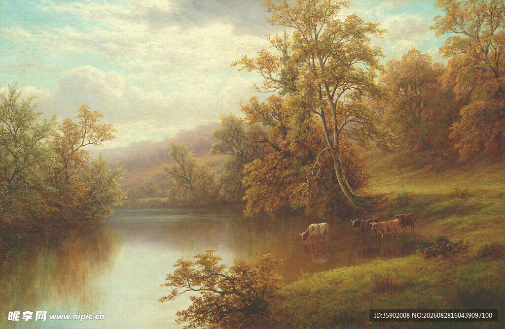 河畔秋景油画