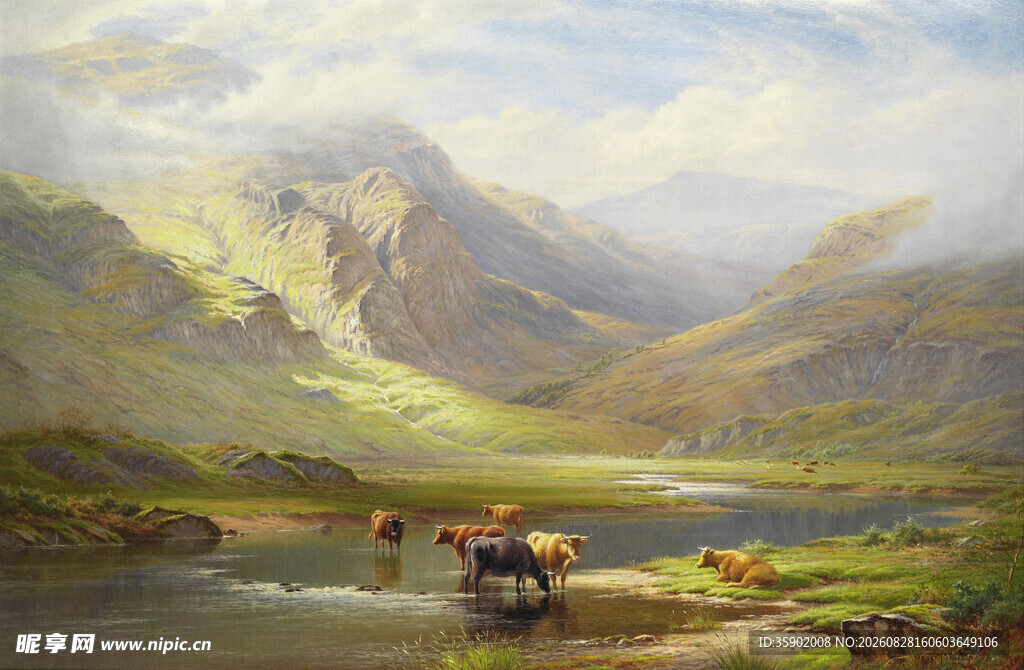 山间牧场景色油画