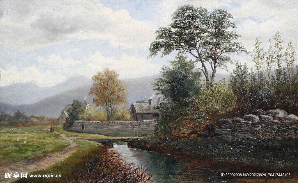 乡村河畔风景油画