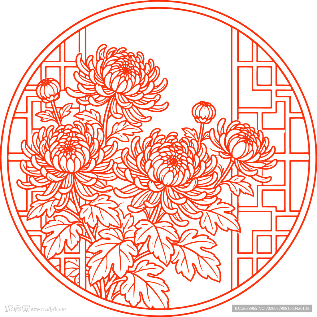圆形中式菊花镂空图案
