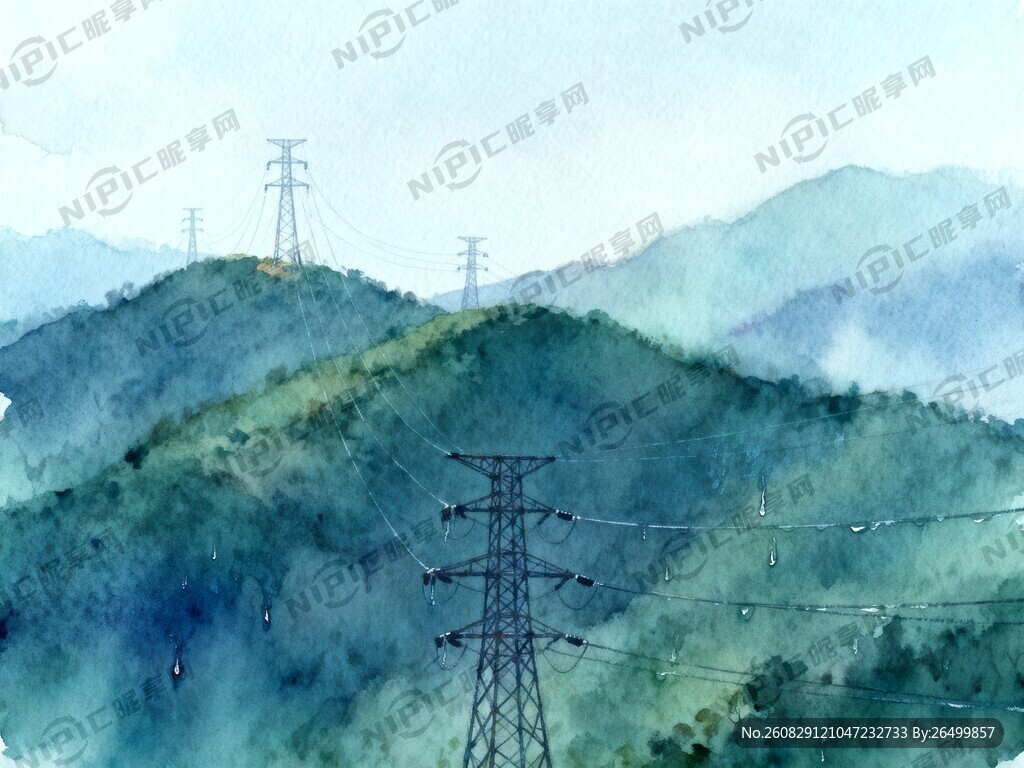 高压电线杆穿行在起伏的山峦间
